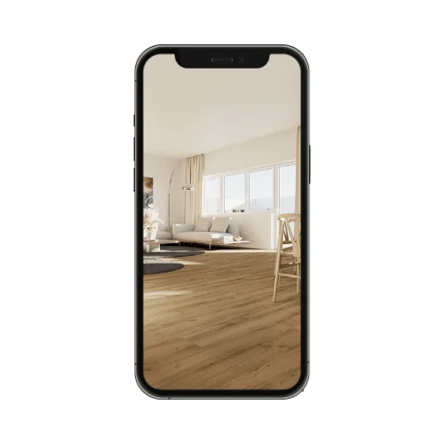 Smartphone, auf dem der Oppland Raumplaner einen Boden im eigenen Wohnzimmer verlegt