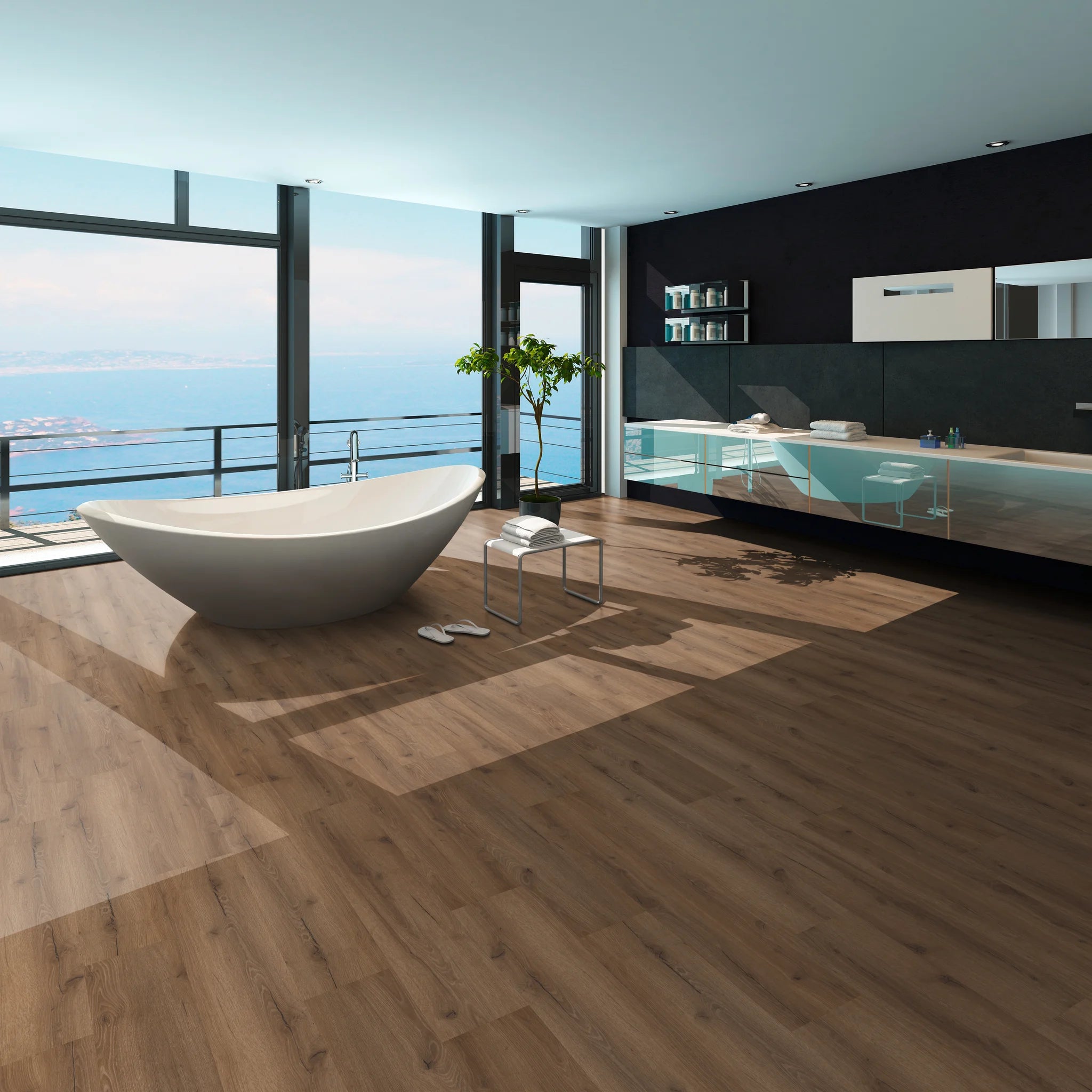 Badezimmer mit Klickvinyl Eiche Bismo als Bodenbelag.