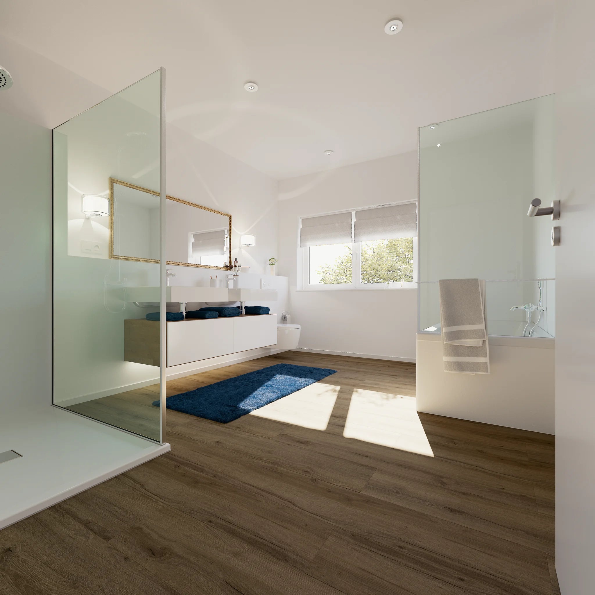 Badezimmer mit Klebevinyl Eiche Geraeuchert Vågå als Bodenbelag