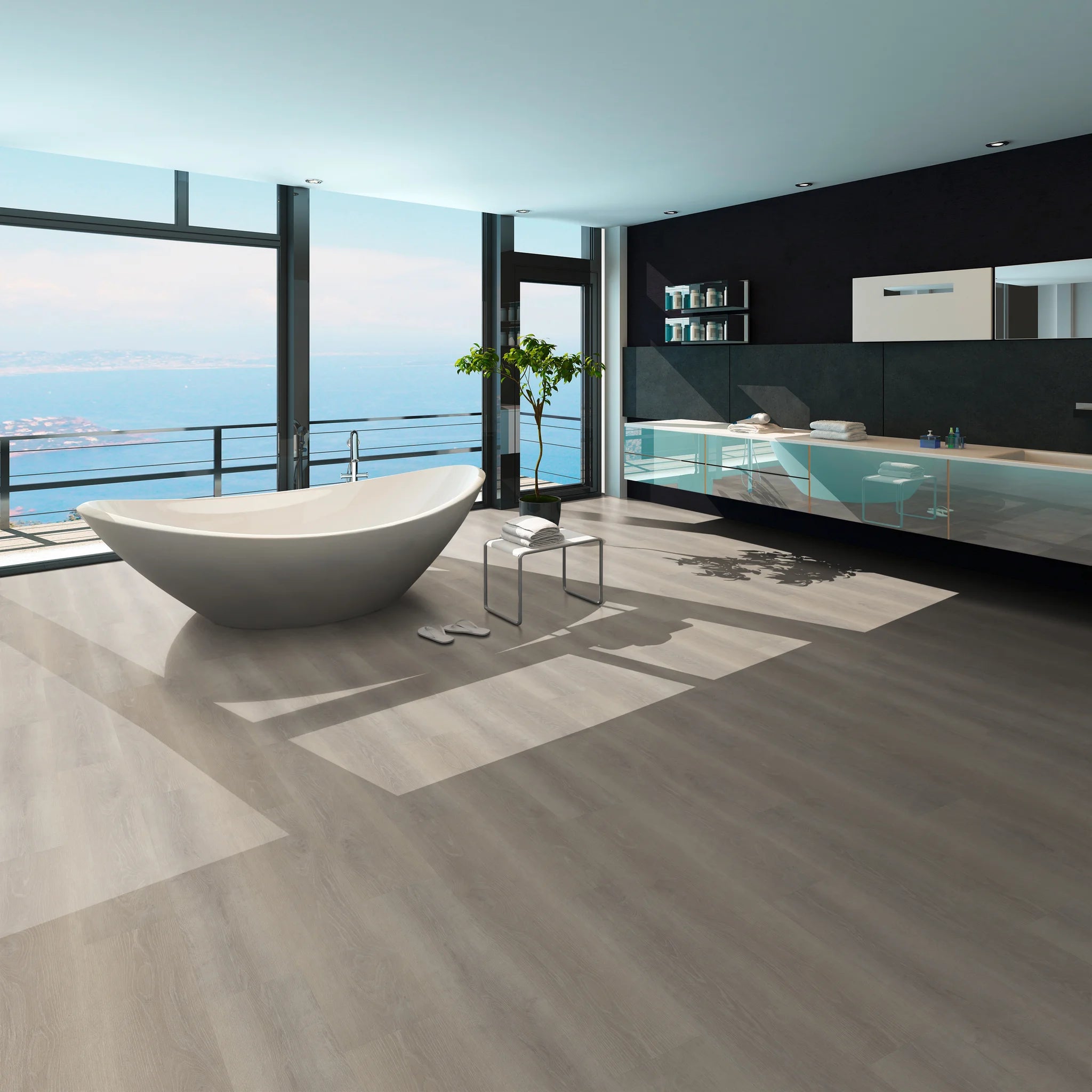 Badezimmer mit Klebevinyl Eiche Lora als Bodenbelag