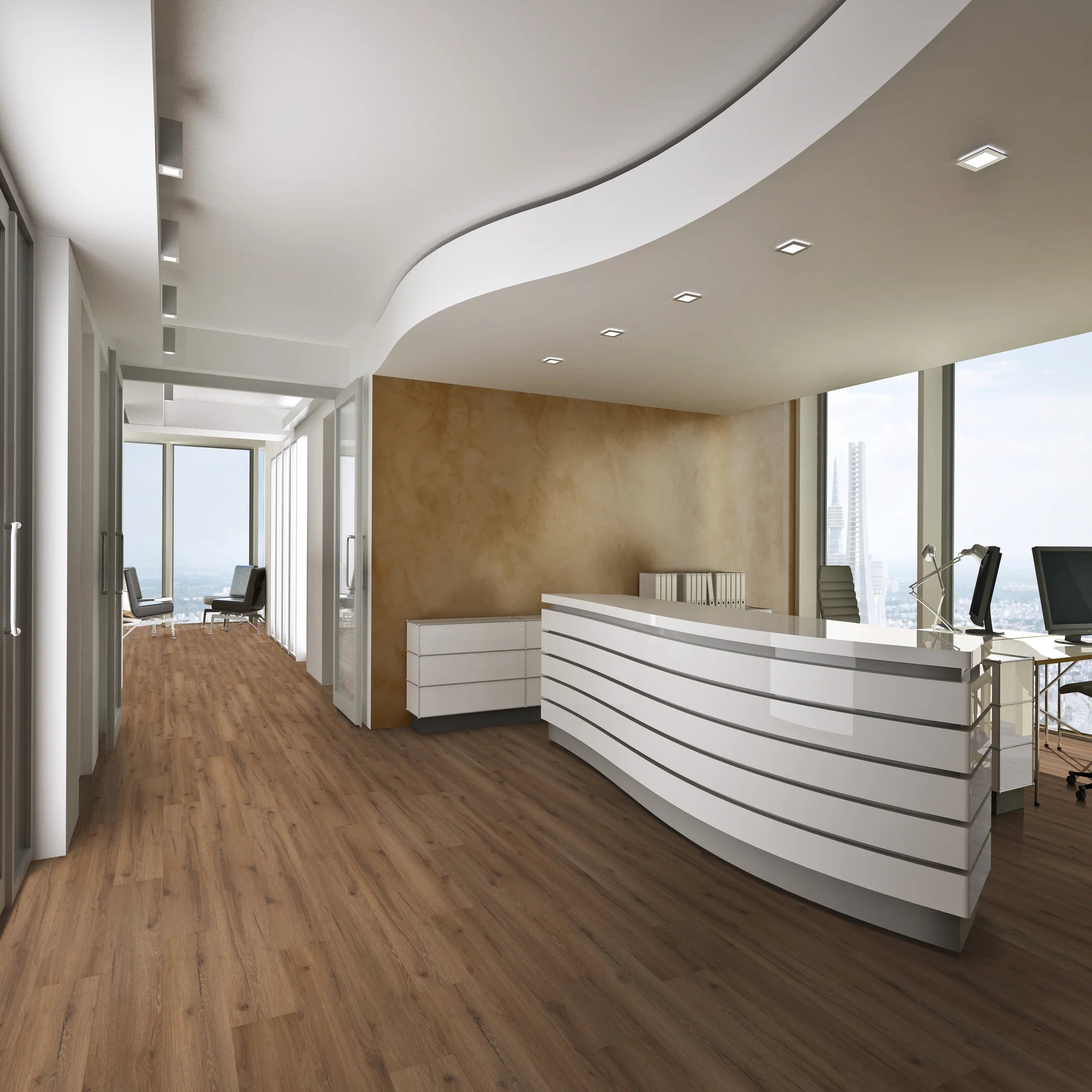 Empfangsbereich mit Klickvinyl Eiche Bismo als Bodenbelag.