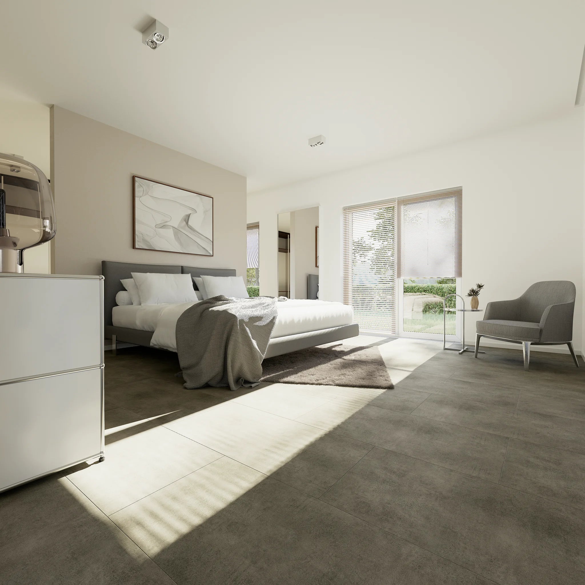 Schlafzimmer mit Klebevinyl Beton Dunkel Etnedal als Bodenbelag