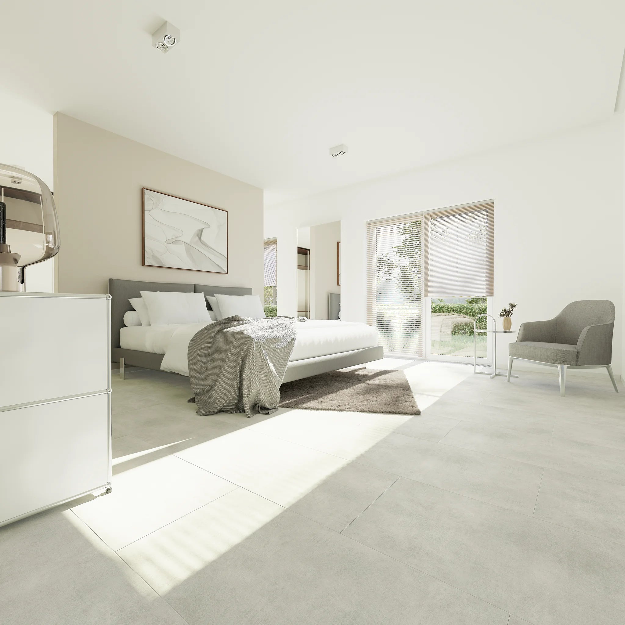 Schlafzimmer mit Klebevinyl Beton Hell Gausdal als Bodenbelag