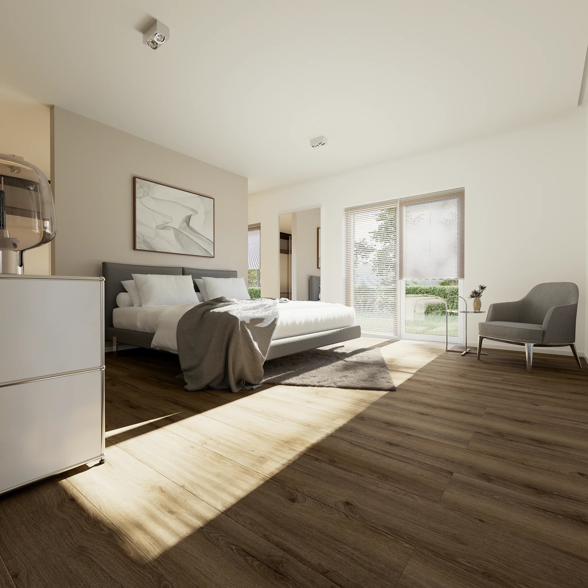 Schlafzimmer mit Klebevinyl Eiche Geraeuchert Vågå als Bodenbelag