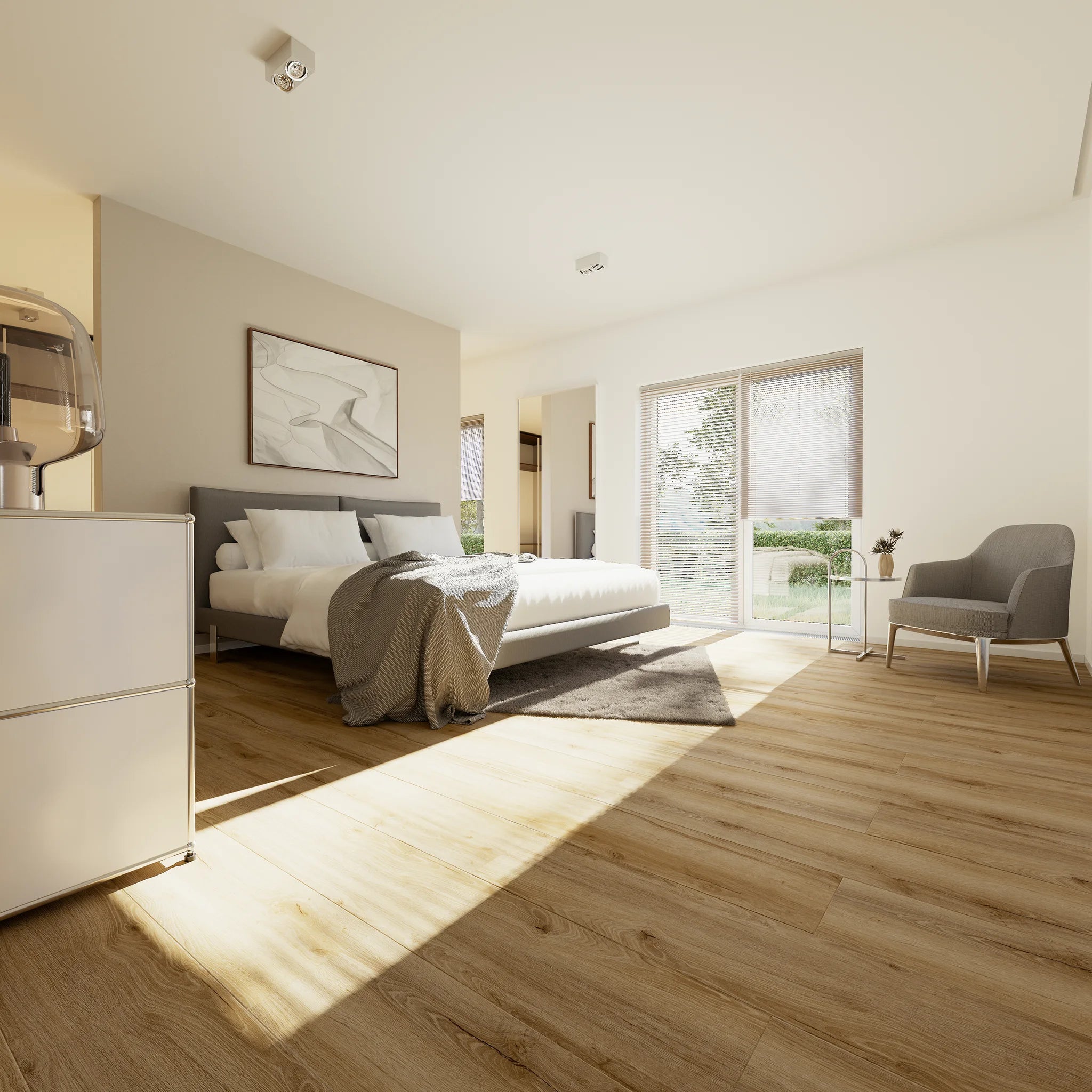 Schlafzimmer mit Klebevinyl Eiche Natur Lillehammer als Bodenbelag