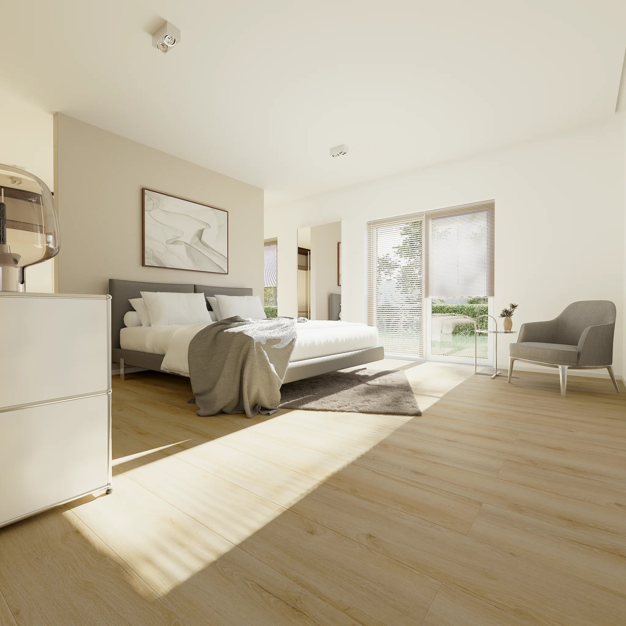 Schlafzimmer mit Klebevinyl Eiche Soft Øyer als Bodenbelag