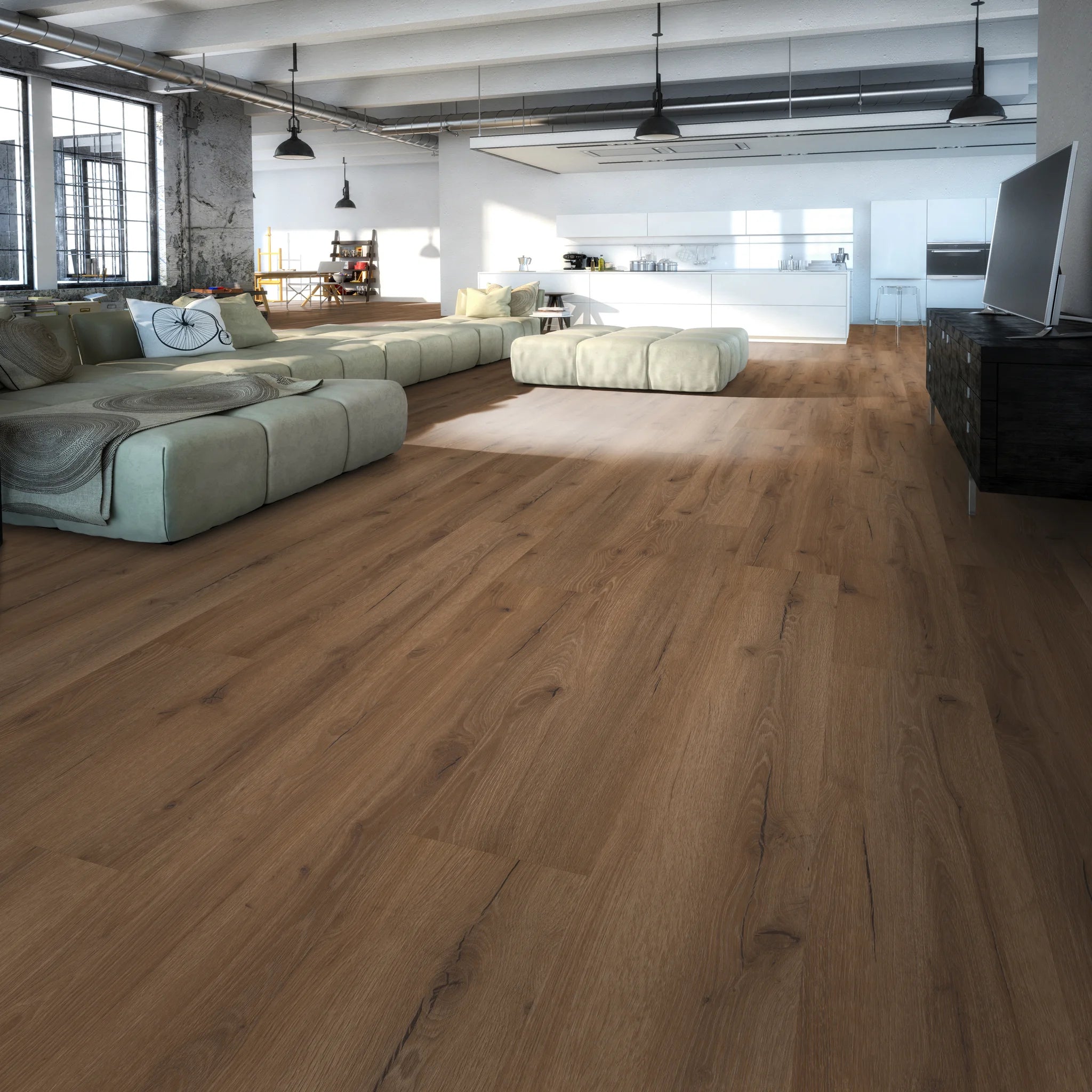 Wohnzimmer mit Klickvinyl Eiche Bismo als Bodenbelag.