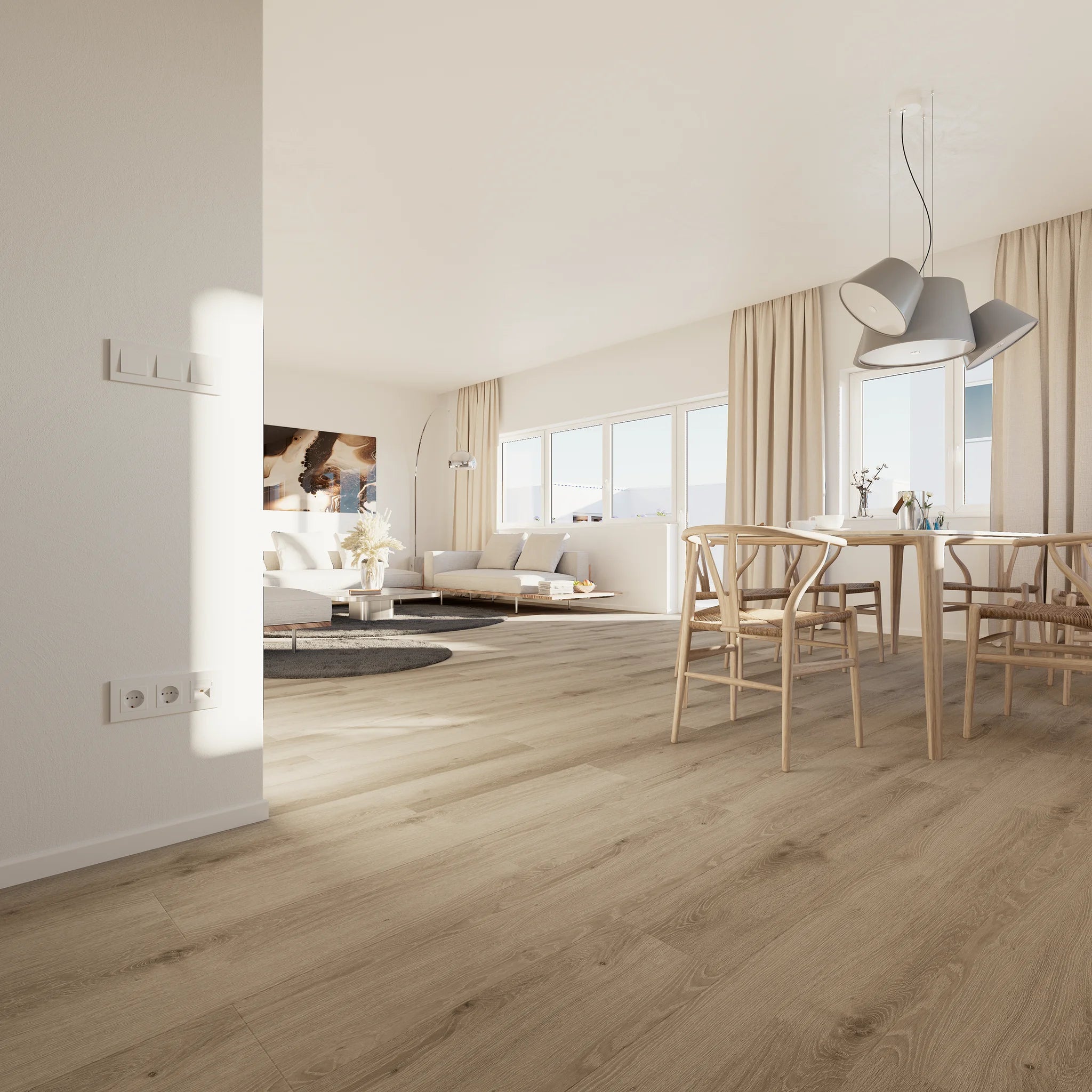 Wohnzimmer mit Klebevinyl Eiche Gekaelkt Lunner als Bodenbelag