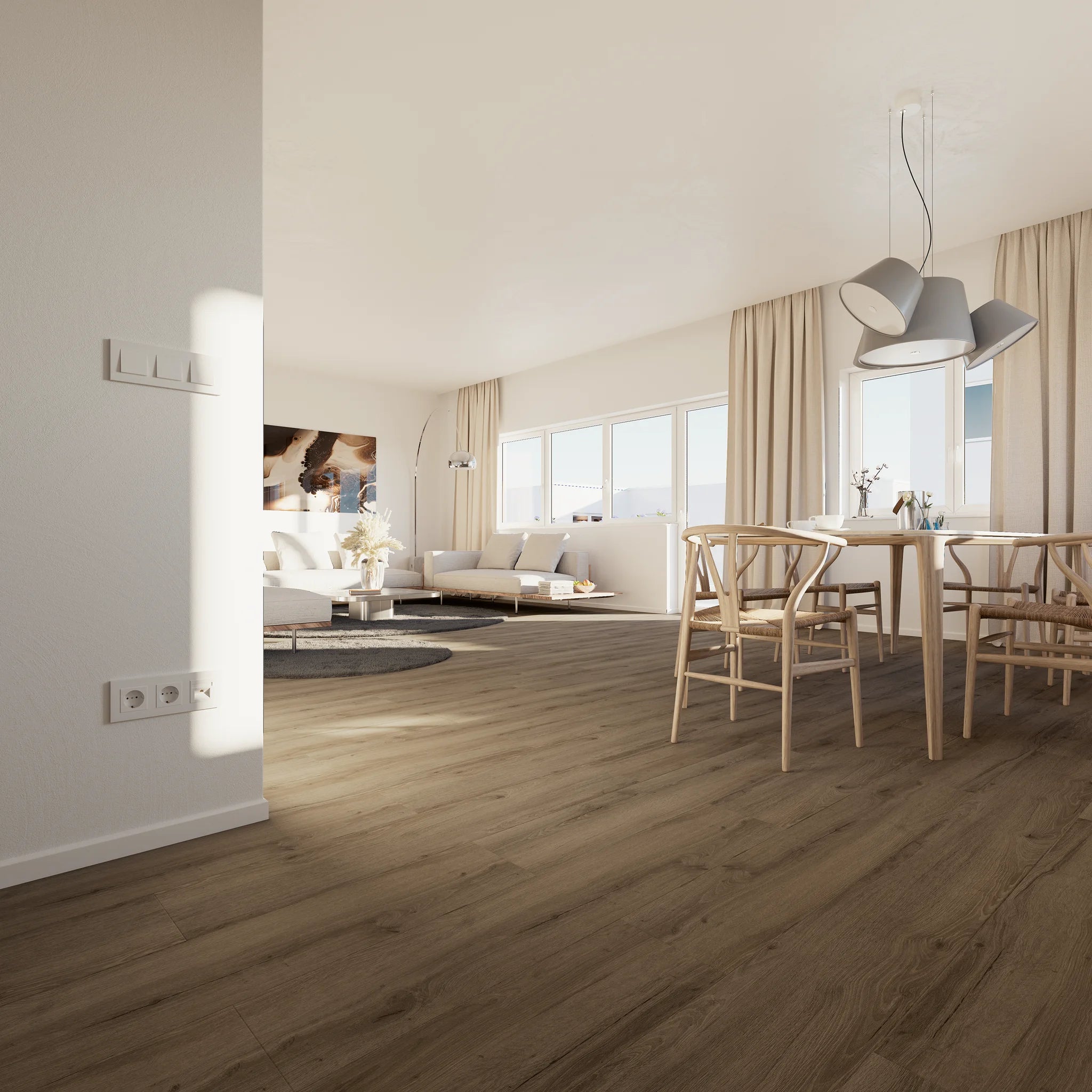 Wohnzimmer mit Klebevinyl Eiche Geraeuchert Vågå als Bodenbelag