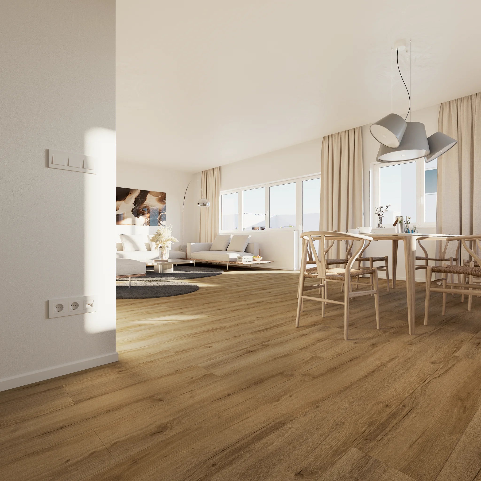 Wohnzimmer mit Klebevinyl Eiche Natur Lillehammer als Bodenbelag