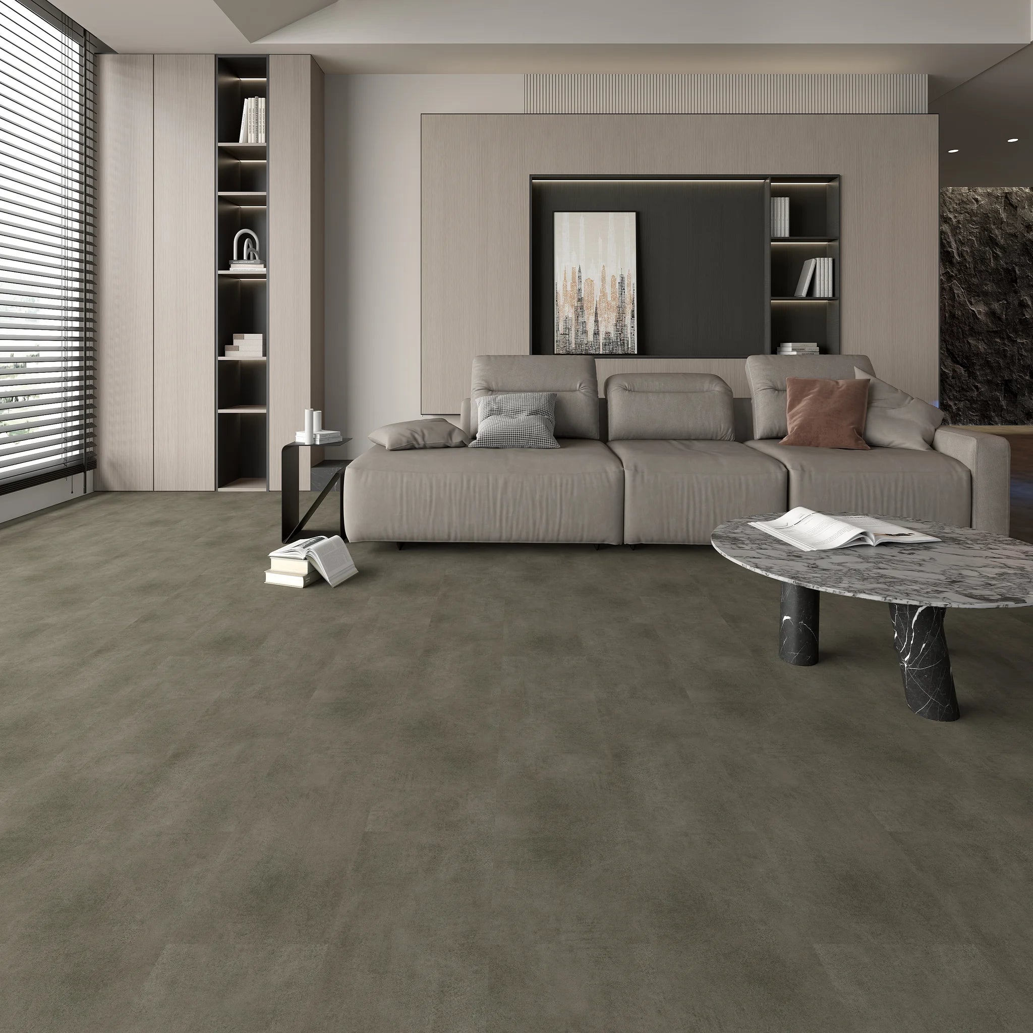 Wohnzimmeransicht 1 mit Klebevinyl Beton Dunkel Etnedal als Bodenbelag