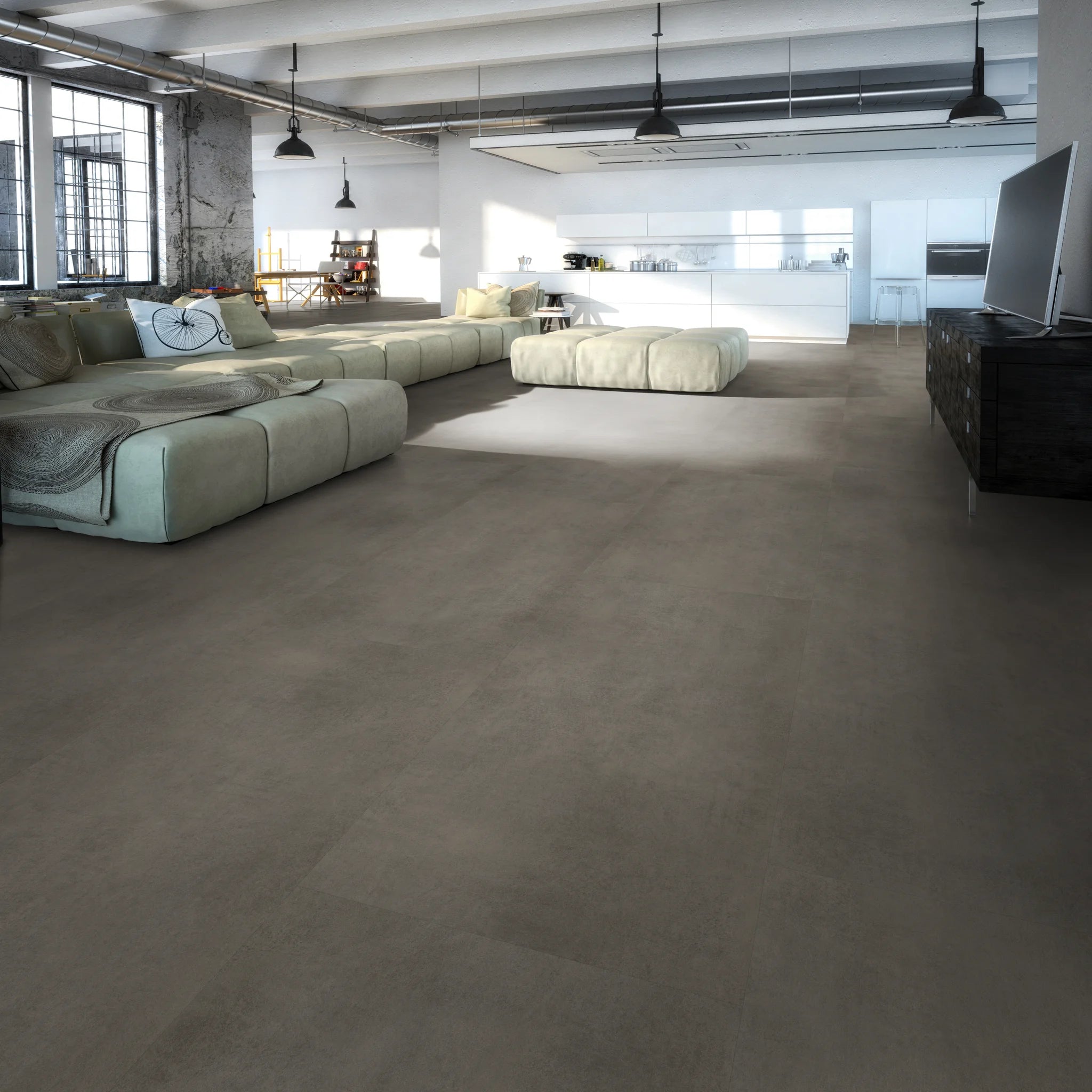 Wohnzimmeransicht 2 mit Klebevinyl Beton Dunkel Etnedal als Bodenbelag