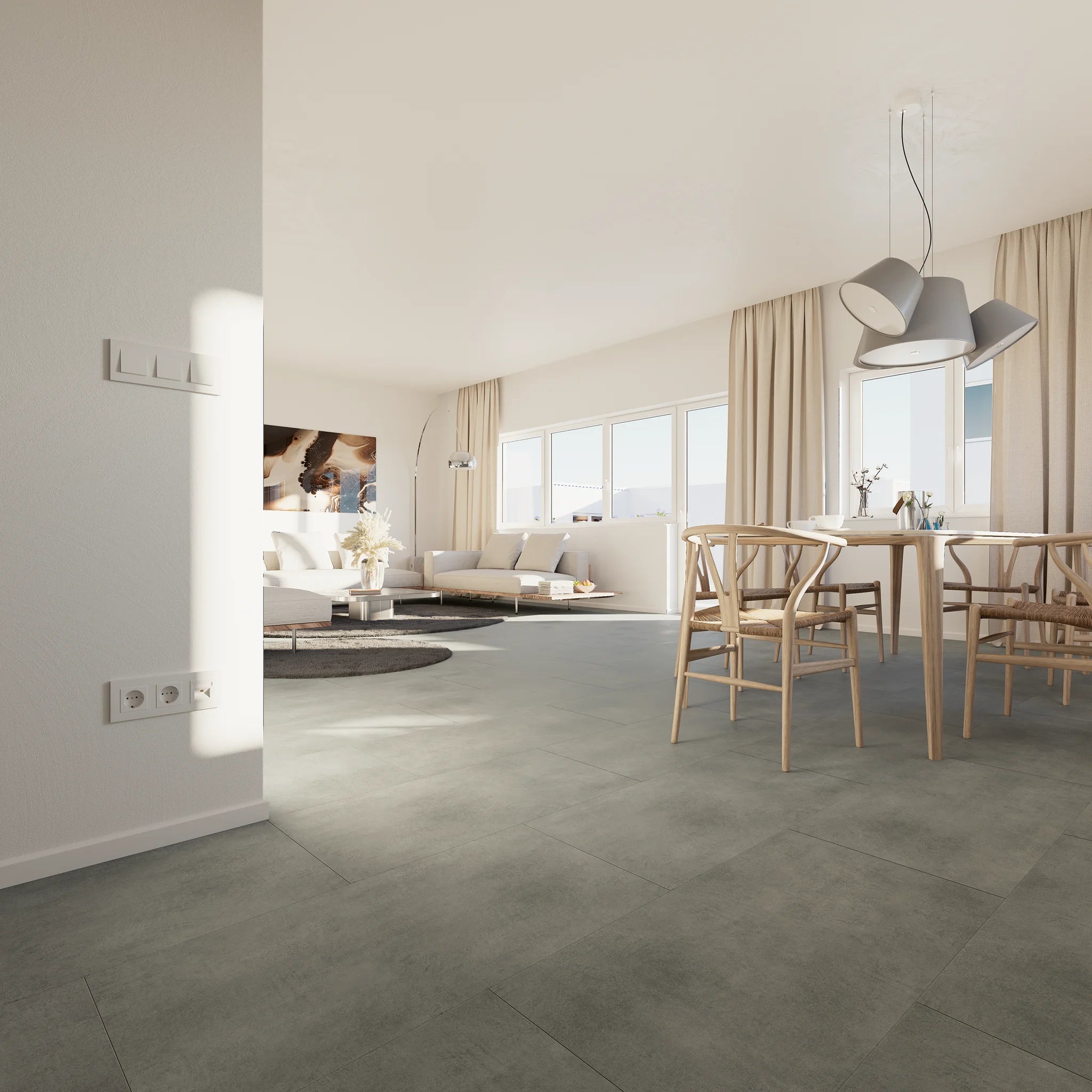 Wohnzimmeransicht 3 mit Klebevinyl Beton Dunkel Etnedal als Bodenbelag