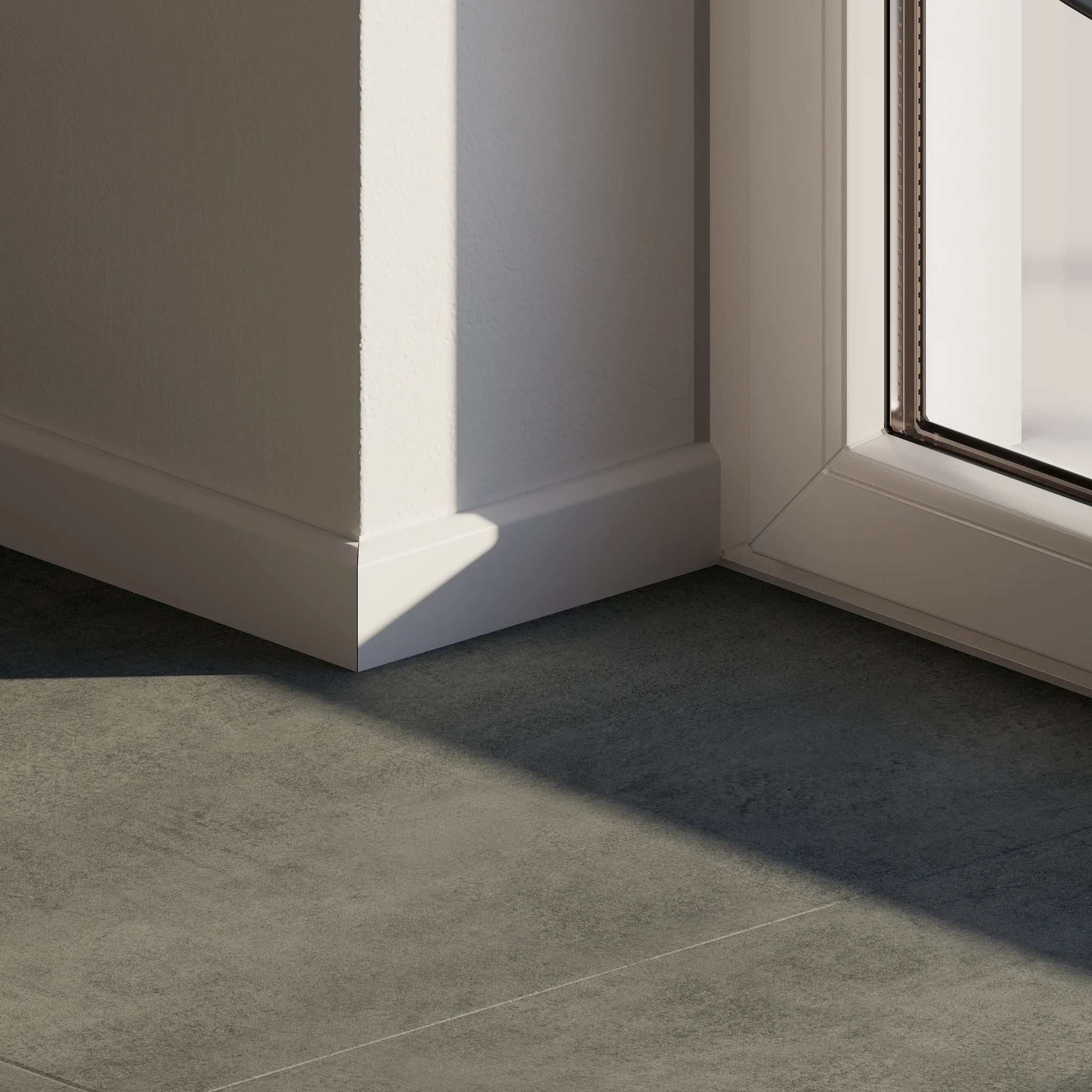 Detail einer Ecke im Wohnzimmer mit Klebevinyl Beton Dunkel Etnedal