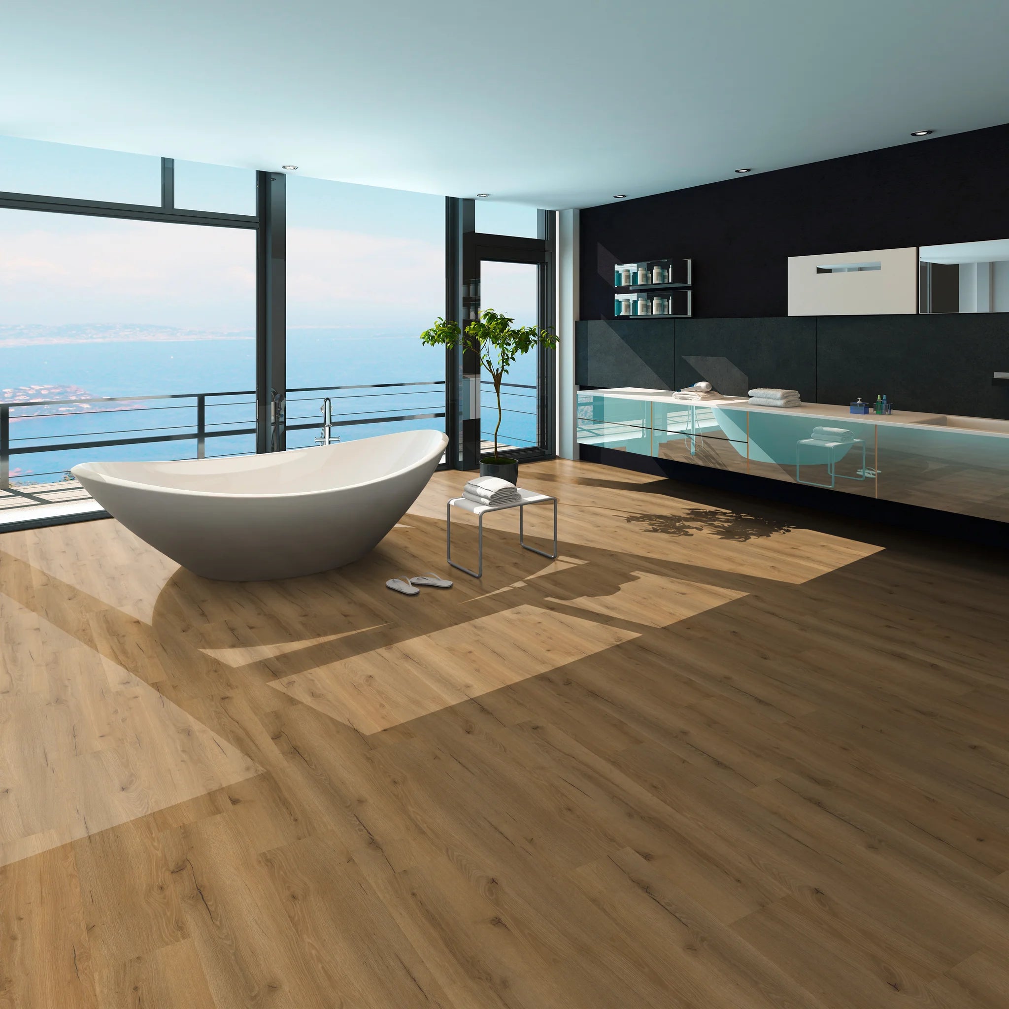 Badezimmer mit Klebevinyl Eiche Nordlia als Bodenbelag