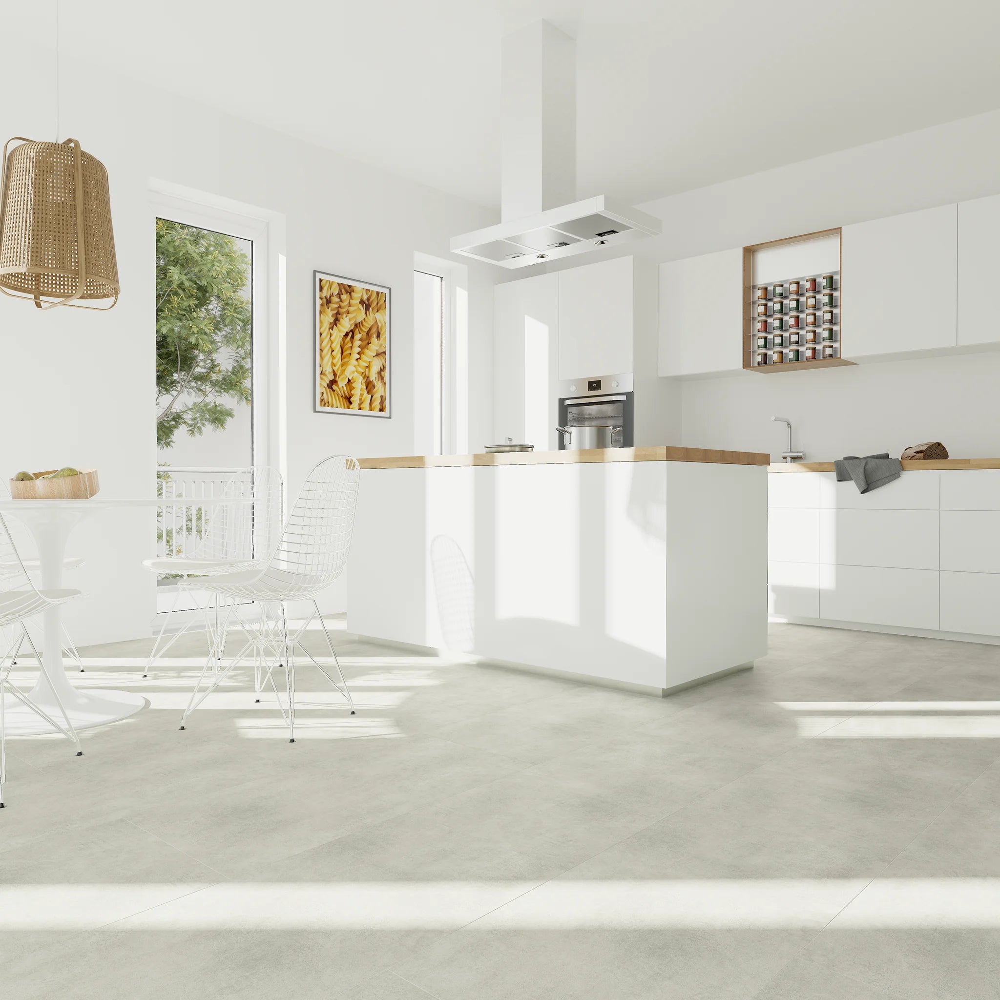 Kueche mit Klebevinyl Beton Hell Gausdal als Bodenbelag