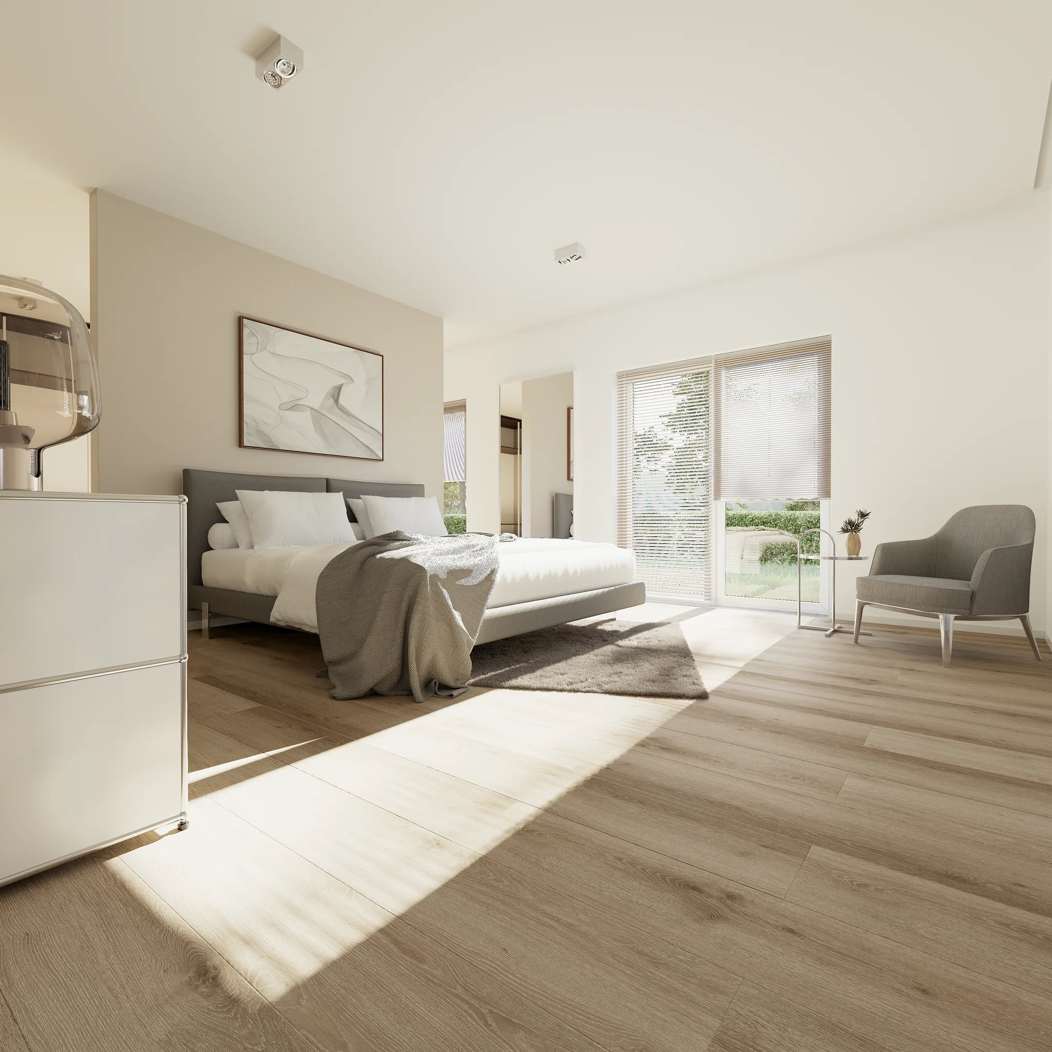 Schlafzimmer mit Klebevinyl Eiche Gekaelkt Lunner als Bodenbelag